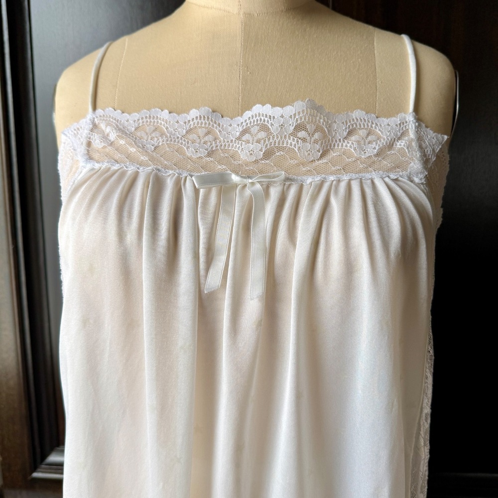 Vintage Nightgown Star Print Nylon Lace Bodice Side Slit Size Large Coquette